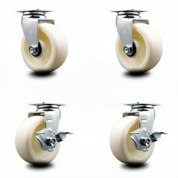 5 Inch Nylon Swivel Caster Set with Ball Bearings 2 Brakes SCC